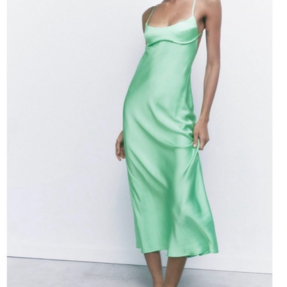 Zara Green Ruched Maxi Slip Dress